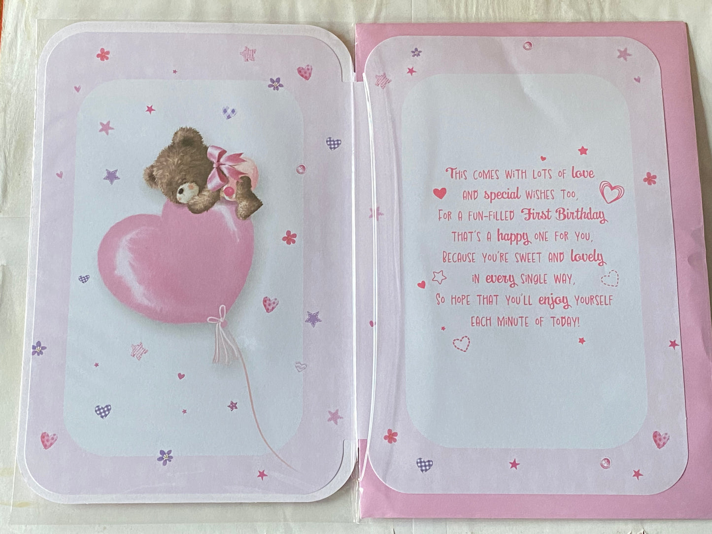 Happy 1st Birthday Great-Granddaughter Adorable Baby Girl Birthday Card Great-Granddaughter's First 1st Age 1 One Birthday Pink-Teddy/Heart 3D/Foil Detail(PRELUDE49758)