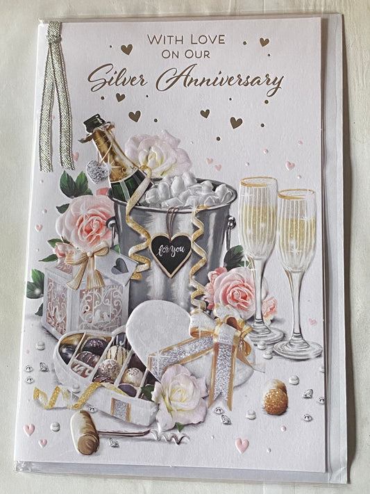 With Love On Our Silver Anniversary 25th Wedding Anniversary Card Husband Wife Champagne/Ice Bucket/Flutes/Chocolates/Roses Ribbon/Foil Detail(PRELUDE48312)