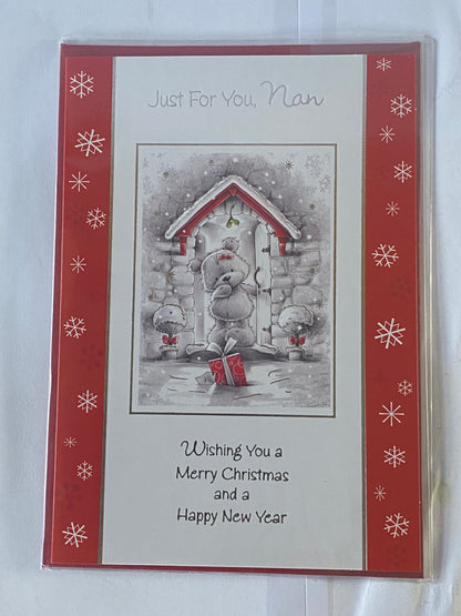 Just For You Nan Christmas Card Grey Teddy/Doorway/Red Present(SSX38A)