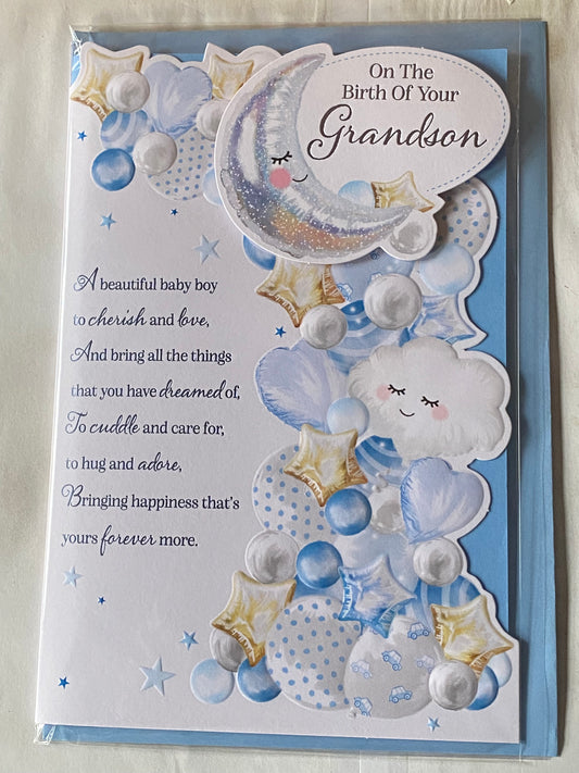 On The Birth Of Your Grandson Baby Boy New Baby Born Birth Card To Grandparents Moon/Cloud/Balloons/Blue Words 3D/Foil Detail(PRELUDE49761)