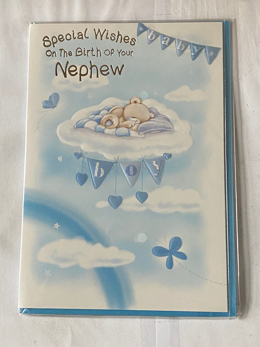 Special Wishes On The Birth Of Your Nephew New Baby Boy Born Card White+Blue Teddy/Cloudbed/Clouds Foil Detail(NC-VA102A)