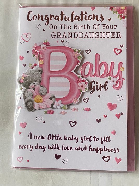 Congratulations On The Birth of Your Granddaughter Baby Girl New Baby Born Card To Grandparents Teddy/Pink Flowers/Hearts/Words 3D/Foil Detail(PRELUDE49748)