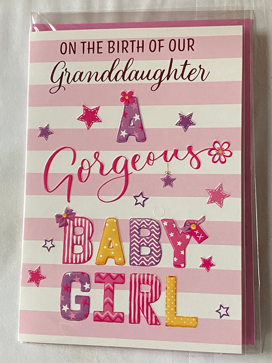 On The Birth Of Our Granddaughter A Gorgeous Baby Girl New Baby Girl Born Card From The Grandparents White/Pink Stripes-Words/Stars Foil Detail(VA284A)