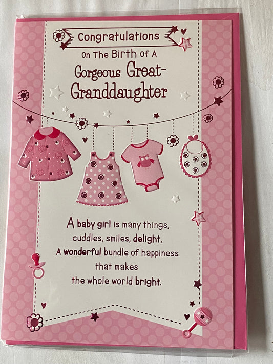 Congratulations On The Birth Of A Gorgeous Great-Granddaughter New Baby Girl Born Card Our From The Great-Grandparents White/Pink-Clothes/Words Foil Detail(PH39997E)