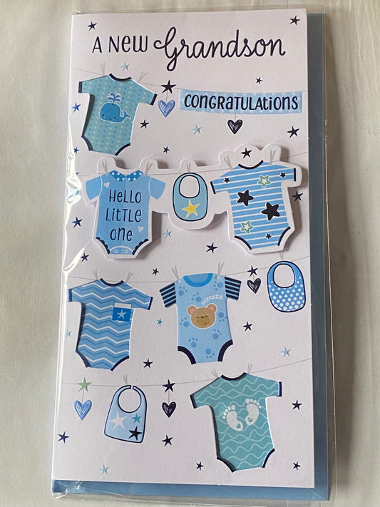 A New Grandson Congratulations New Baby Boy Born Birth Card Your To The Grandparents White/Blue Baby Clothes 3D/Foil Detail(PRELUDE49757)