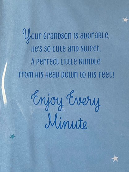 A New Grandson Congratulations New Baby Boy Born Birth Card Your To The Grandparents White/Blue Baby Clothes 3D/Foil Detail(PRELUDE49757)