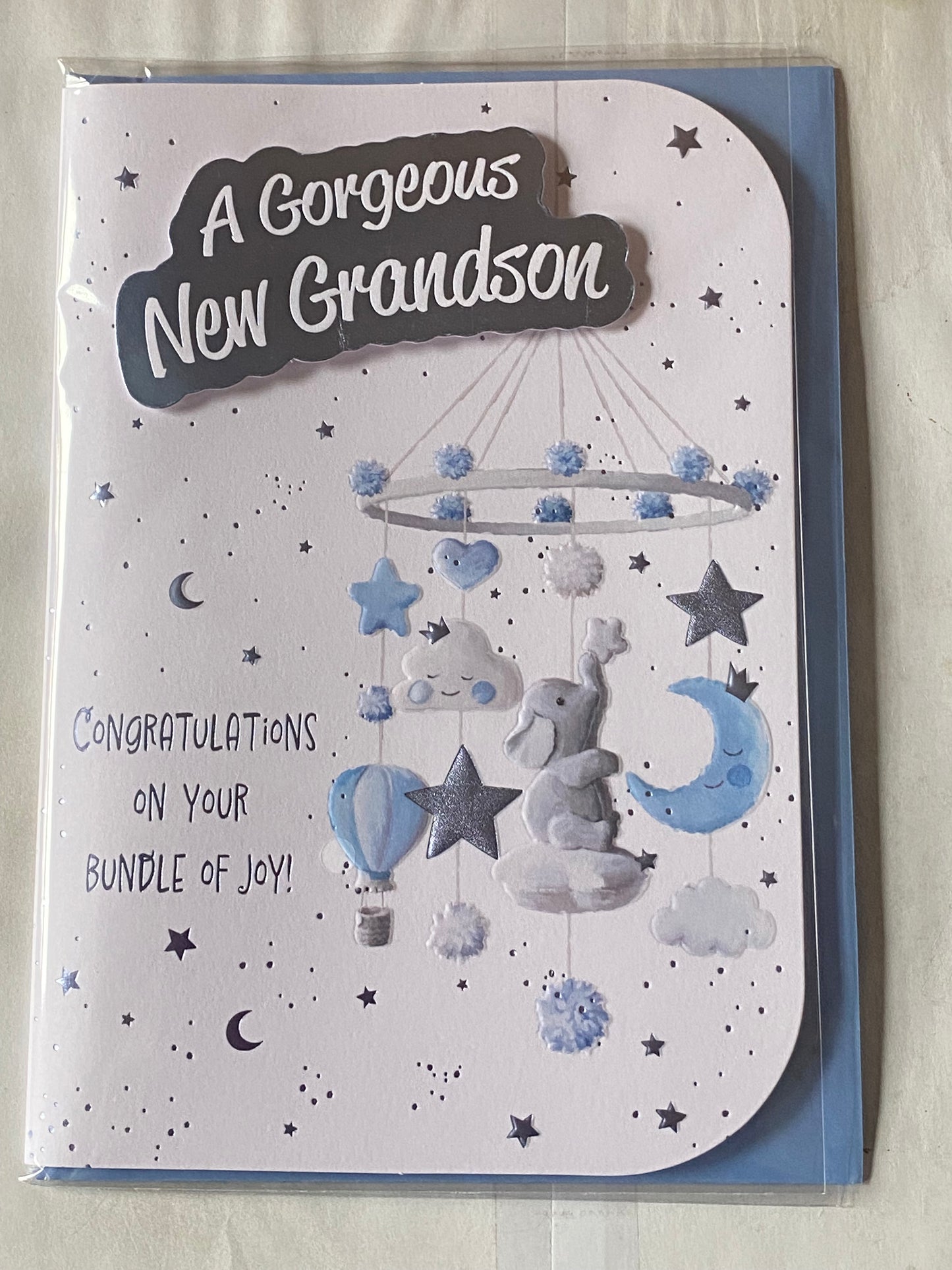 A Gorgeous New Grandson Congratulations New Baby Boy Born Birth Card Your To The Grandparents White/Blue-Mobile/Words 3D/Foil Detail(PRELUDE49751)