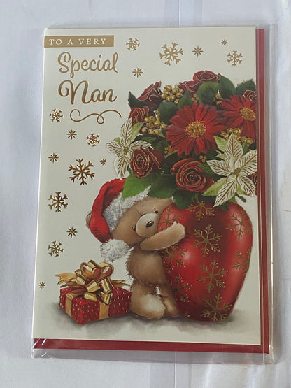 To A Very Special Nan Christmas Card Standing Teddy/Red Flowers/Vase(NC-VX136B)