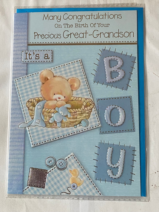 Many Congratulations On The Birth of Your Precious Great-Grandson New Baby Boy Born Card to Great-Grandparents Blue-Teddy/Basket/Blue Blanket+Rabbit Foil Detail(PH35653A)