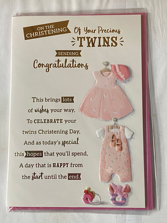 On The Christening of Your Precious Twins Sending Congratulations Christening Card Twin Girls Girl Daughters Christening Day Card Pink/White Clothes/Gold Words Foil Detail(VA044A)