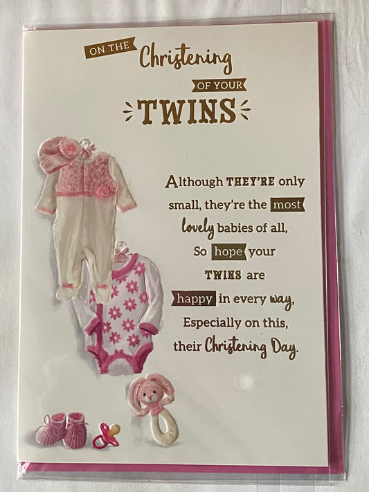 On The Christening of Your Twins Christening Card Twin Girls Girl Daughters Christening Day Card White/Pink Clothes/Gold Words Foil Detail(VA044E)