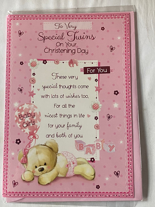 To Very Special Twins On Your Christening Day Card Twin Girls Girl Daughters Christening Card Pink-Teddy Holding Pink Balloon/Pink Words Foil Detail(PH41077A)