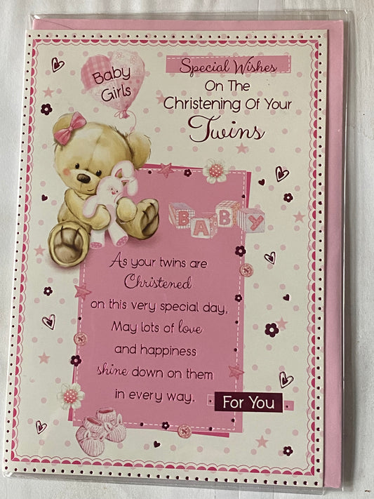 Special Wishes On The Christening Day Of Your Twins Christening Card Twin Girls Girl Daughters White-Teddy Holding Pink Balloon+Rabbit/Pink Words Foil Detail(PH41077E)