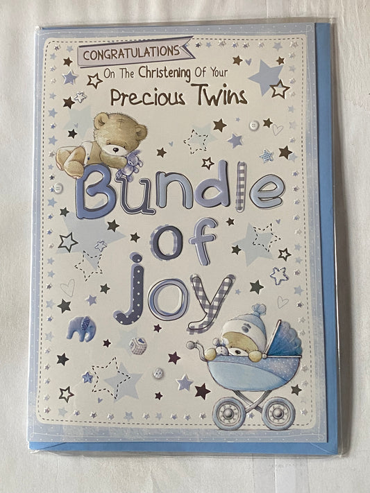 Congratulations On The Christening Of Your Precious Twins Bundle Of Joy Christening Card Twin Boys Boy Sons White/Blue-Teddies/Words/Stars Foil Detail(PH40000A)