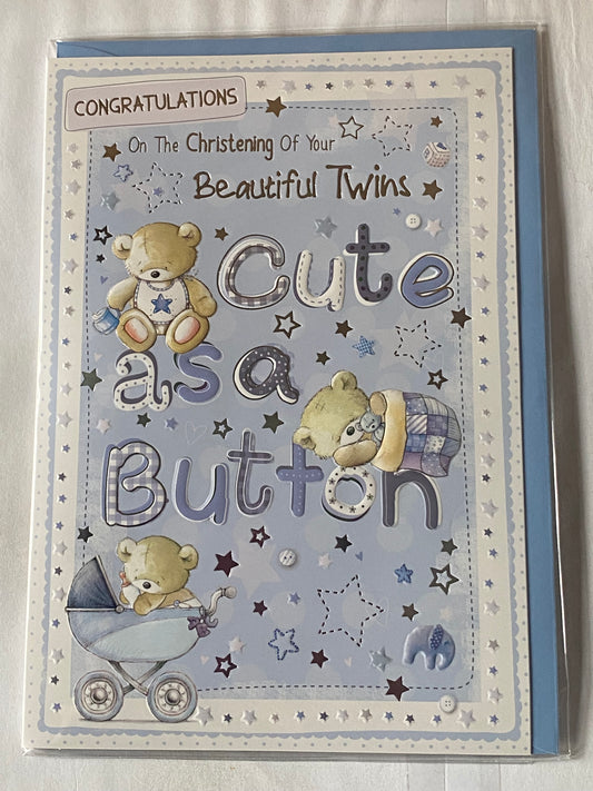 Congratulations On The Christening Of Your Beautiful Twins Cute As A Button Christening Card Twin Boys Boy Sons Blue-Teddies/Words/Stars Foil Detail(PH40000B)