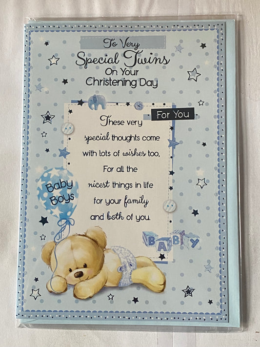 To Very Special Twins On Your Christening Day Card Twin Boys Boy Sons Christening Card Blue-Teddy Holding Blue Balloon/Blue Words Foil Detail(PH41079A)