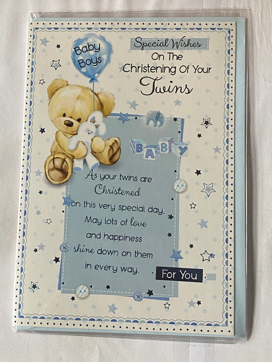 Special Wishes On The Christening Of Your Twins Card Twin Boys Boy Sons Christening Day Card White-Teddy Holding Blue Balloon+Rabbit/Blue Words Foil Detail(PH41079E)