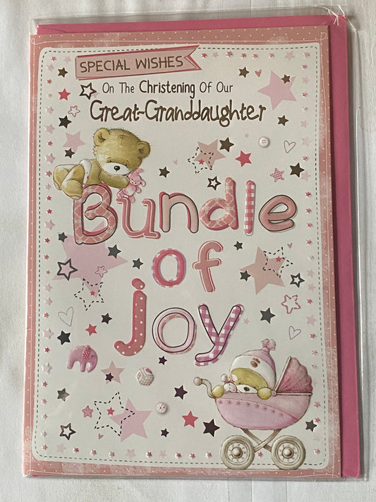 Special Wishes On The Christening Of Our Great-Granddaughter Bundle Of Joy Christening Card Great-Granddaughter's Christening Day Card White-Teddies/Words/Stars Foil Design(PH39998A)