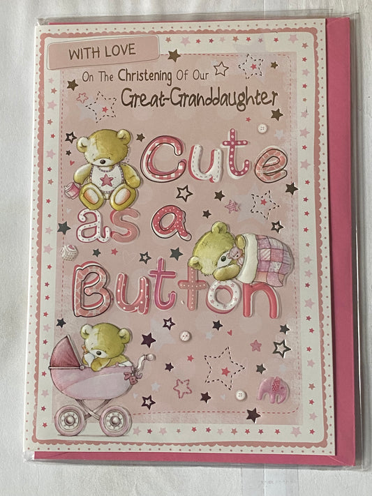 With Love On The Christening Of Our Great-Granddaughter Cute As A Button Christening Card Great-Granddaughter's Christening Day Card Pink-Teddies/Words/Stars Foil Design(PH39998E)