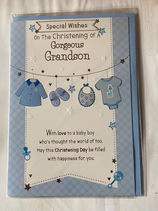 Special Wishes On The Christening of A Gorgeous Grandson Christening Card Grandson's Christening Day Card Blue Clothes/Silver Words Foil Detail(PH39999A)