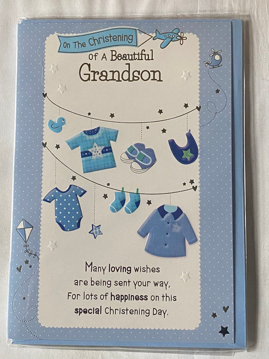 On The Christening of A Beautiful Grandson Christening Card Grandson's Christening Day Card Blue Clothes/Silver Words Foil Detail(PH39999E)