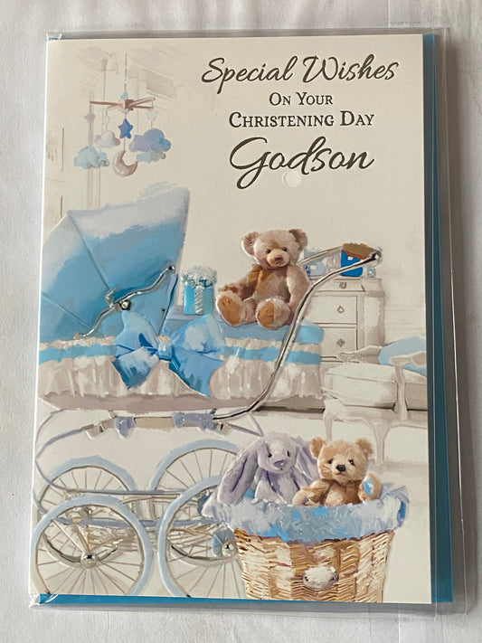 Special Wishes On Your Christening Day Godson Christening Card Godson's Christening Day Card Blue+White Pram/Teddy Foil Detail(VA103A)