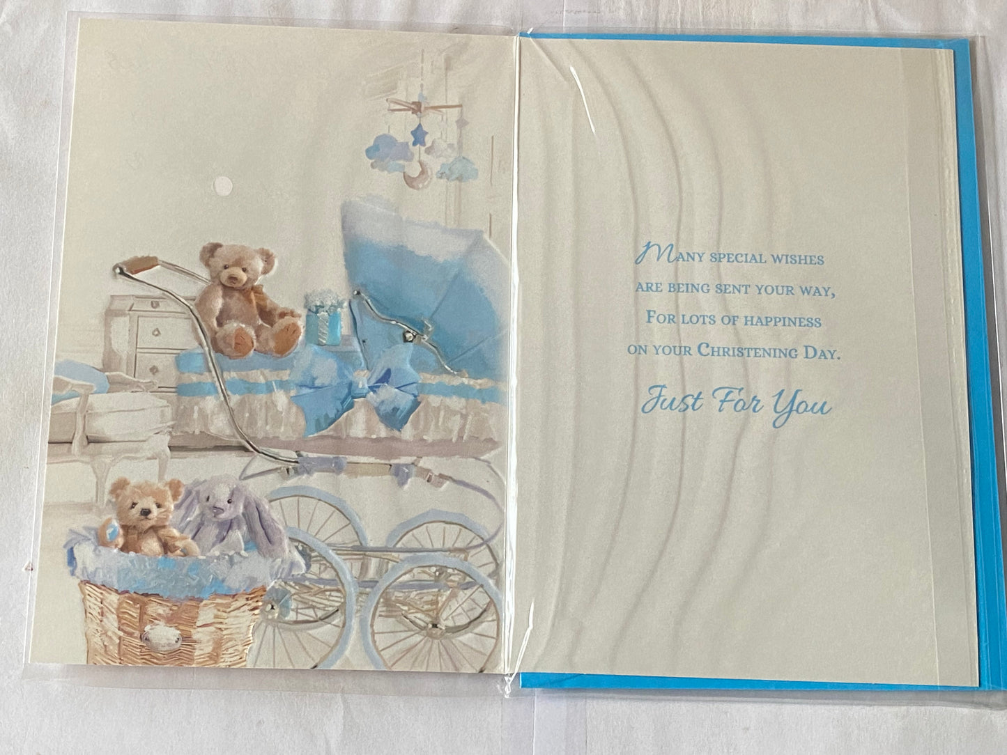 Special Wishes On Your Christening Day Godson Christening Card Godson's Christening Day Card Blue+White Pram/Teddy Foil Detail(VA103A)