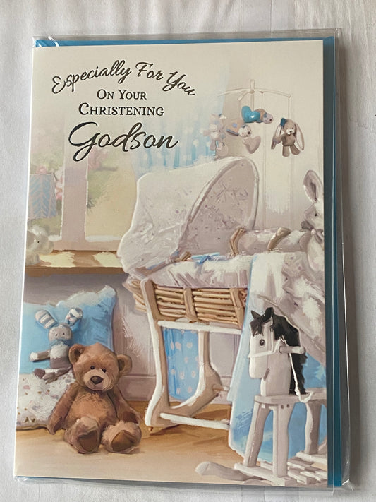 Especially For You On Your Christening Day Godson Christening Card Godson's Christening Day Card White Crib/Teddy Foil Detail(VA103E)