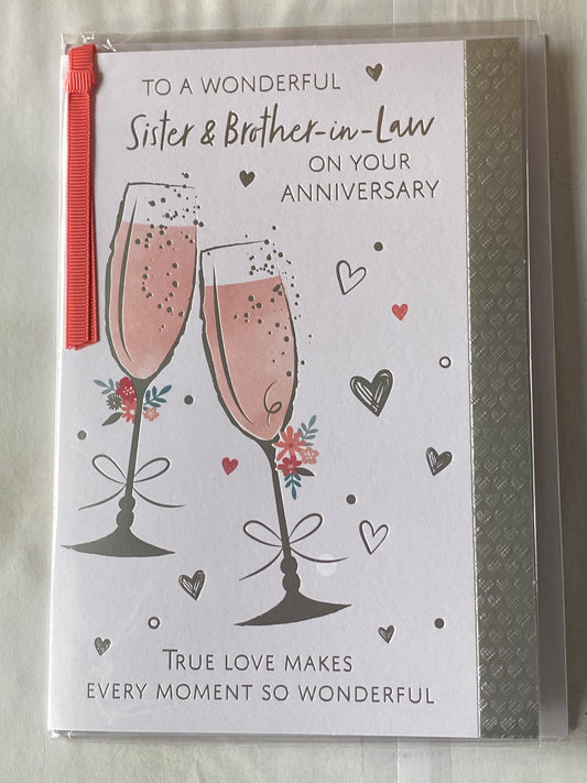 To A Wonderful Sister & Brother-In-Law On Your Anniversary Wedding Anniversary Card Pink Champagne Flutes/Hearts/Words Ribbon/Foil Detail(PRELUDE49768)