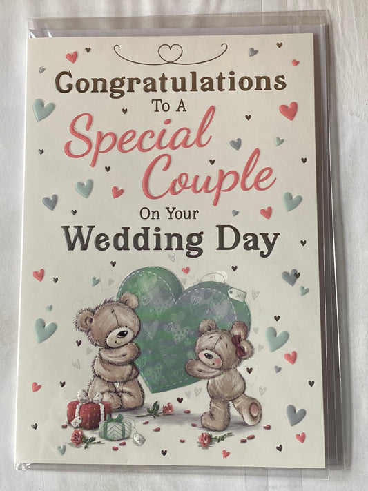 Congratulations To A Special Couple On Your Wedding Day Card Teddies Carrying Big Green Heart Foil Detail(PH43440-1A)