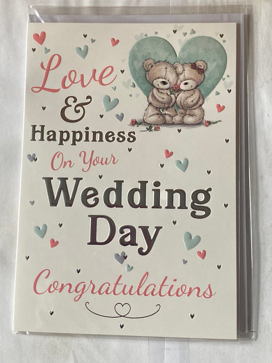 Love & Happiness On Your Wedding Day Congratulations Card Teddies Hugging/Green Heart Foil Detail(PH43440-1E)