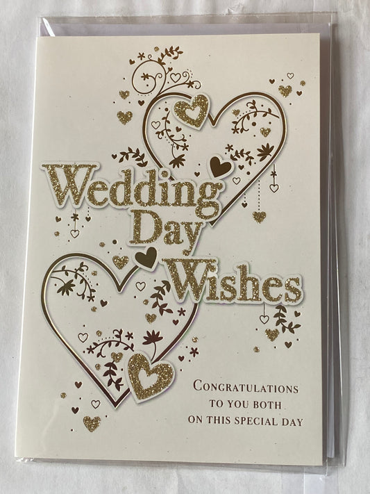 Wedding Day Wishes On Your Wedding Day Card White/Gold Hearts/Words Glitter/Foil Detail(PH43442-2A)