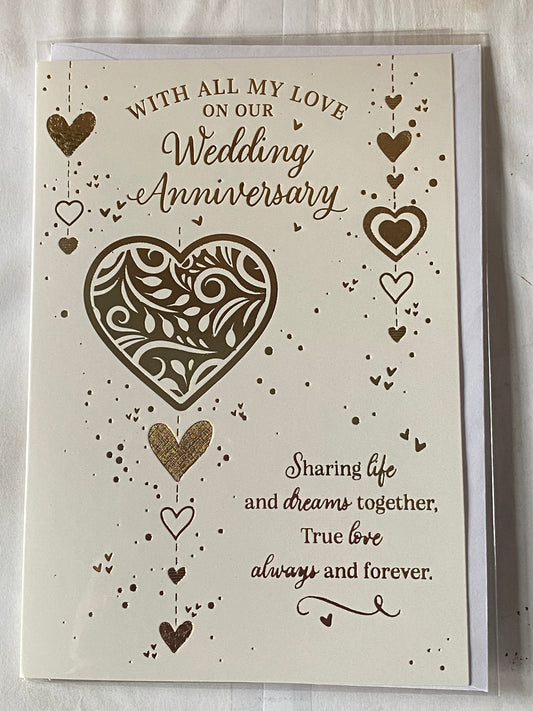 With All My Love On Our Wedding Anniversary Wedding Anniversary Card Husband Wife White/Gold Hearts/Words Foil Detail(PH49495A)