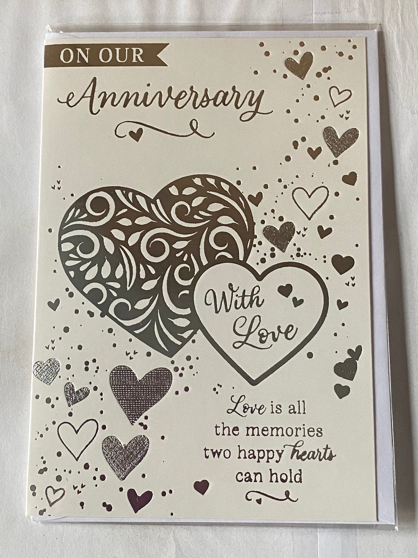 On Our Anniversary With Love Wedding Anniversary Card Husband Wife White/Silver Hearts/Words Foil Detail(PH49495E)