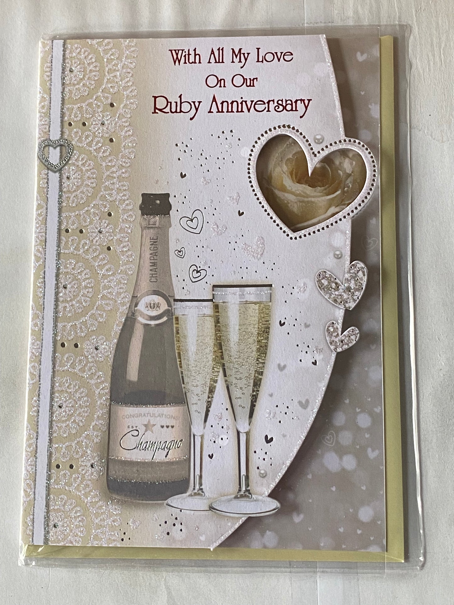 With All My Love On Our Ruby Anniversary 40th Wedding Anniversary Card Husband Wife Champagne/Flutes/Hearts Glitter/Foil Detail(KI35873)