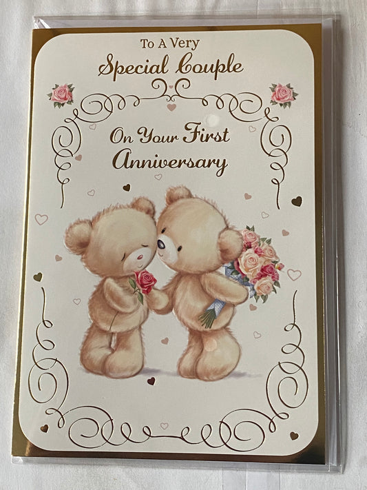 To A Very Special Couple On Your First Anniversary 1st Wedding Anniversary Card Teddies Holding Flowers+Kissing Foil Detail(VA051A)