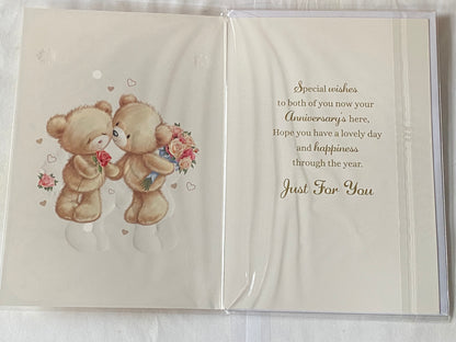 To A Very Special Couple On Your First Anniversary 1st Wedding Anniversary Card Teddies Holding Flowers+Kissing Foil Detail(VA051A)