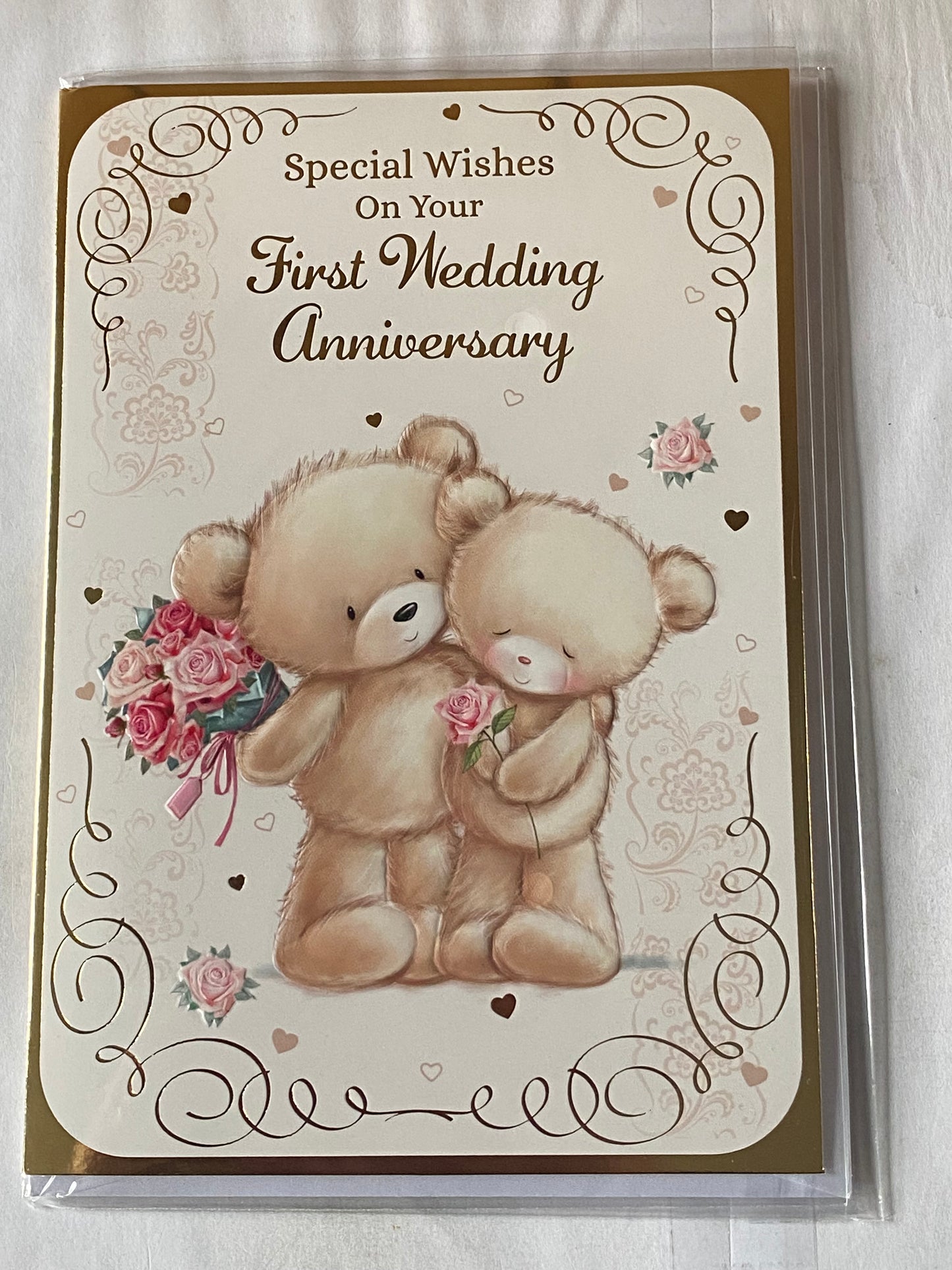 Special Wishes On Your First Wedding Anniversary 1st Anniversary Card Teddies Holding Flowers+Hugging Foil Detail(VA051E)