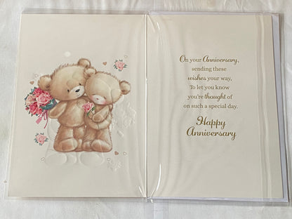 Special Wishes On Your First Wedding Anniversary 1st Anniversary Card Teddies Holding Flowers+Hugging Foil Detail(VA051E)