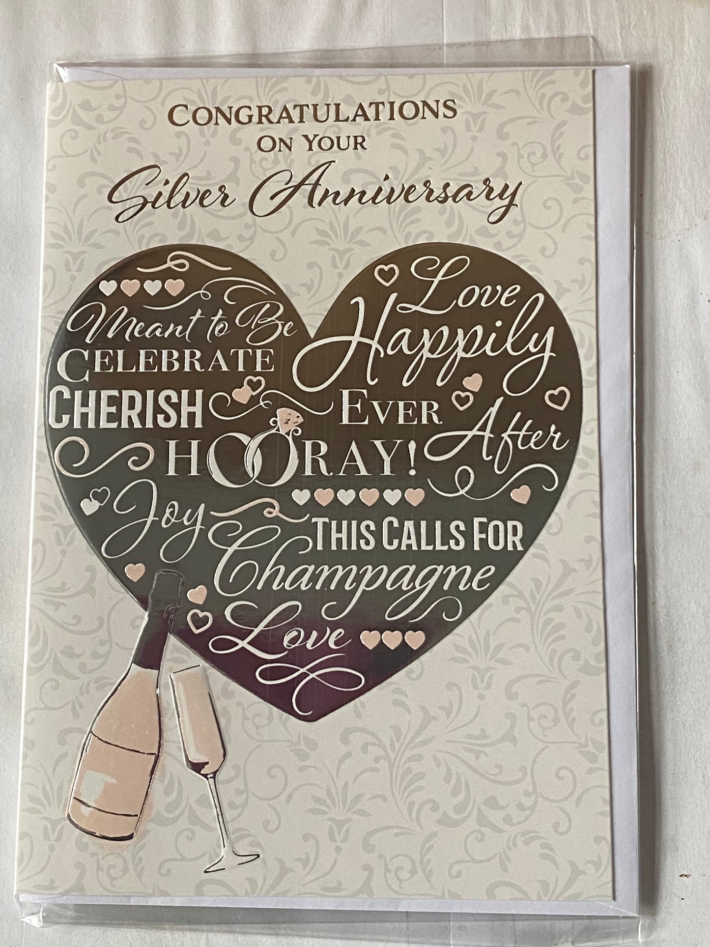 Congratulations On Your Silver Anniversary 25th Wedding Anniversary Card Silver Heart/Pink Champagne/Flute Foil Detail(PH48409A)