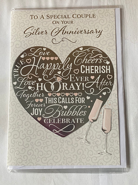 To A Special Couple On Your Silver Anniversary 25th Wedding Anniversary Card Silver Heart/Pink Champagne Flutes Foil Detail(PH48409E)