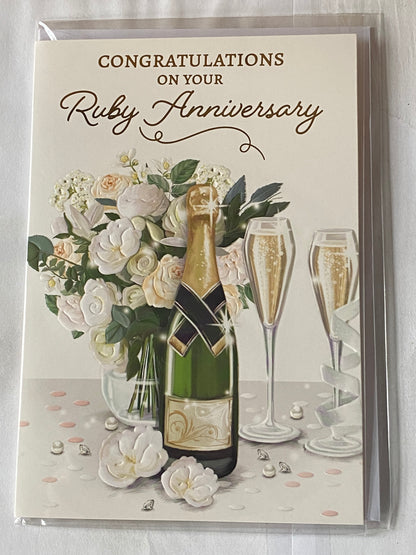 Congratulations On Your Ruby Anniversary 40th Wedding Anniversary Card Champagne/Flutes/Flowers Foil Detail(NC-VA246E)