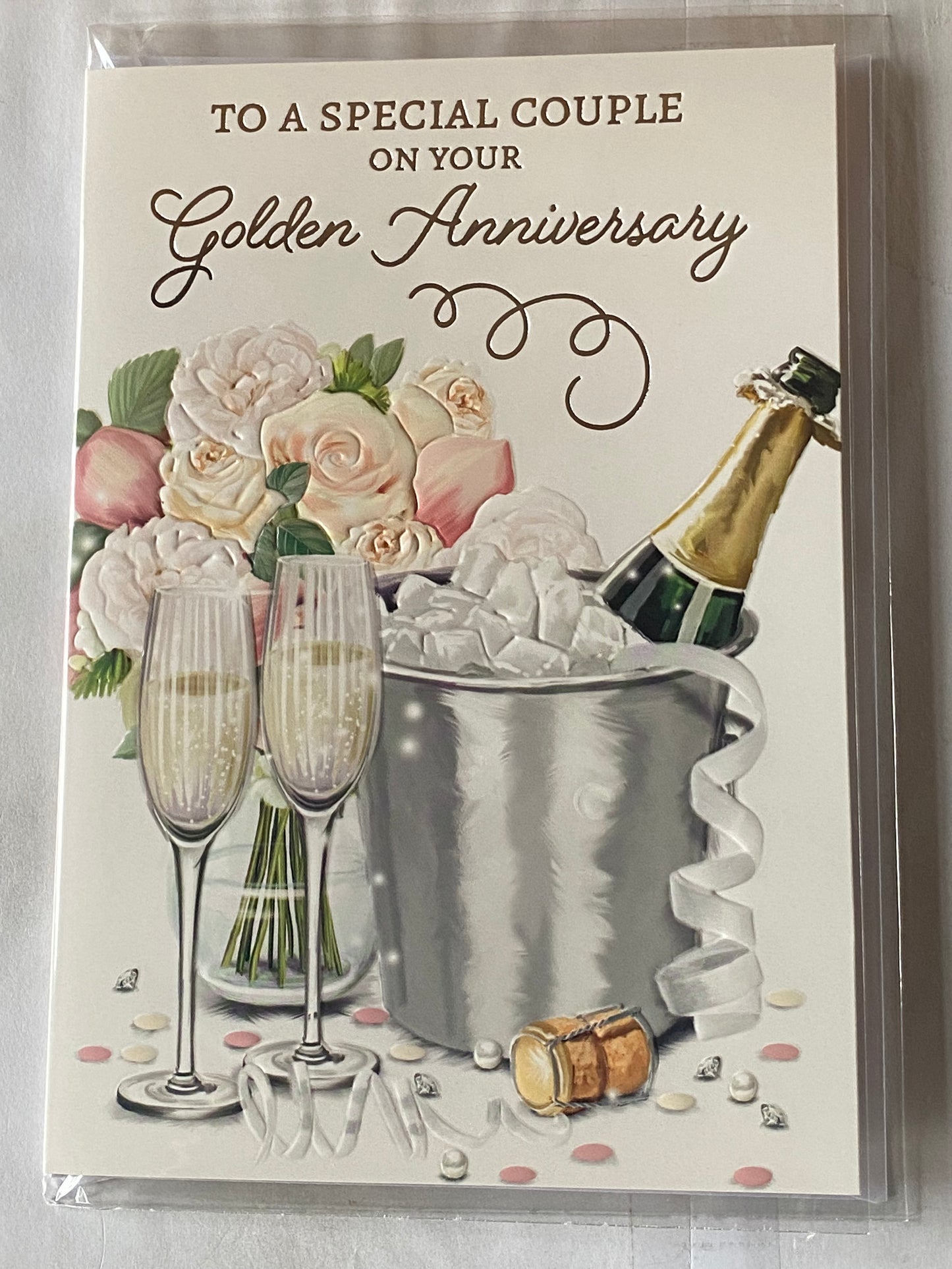 To A Special Couple On Your Golden Anniversary 50th Wedding Anniversary Card Champagne/Flutes/Ice Bucket/Flowers Foil Detail(NC-VA246A)