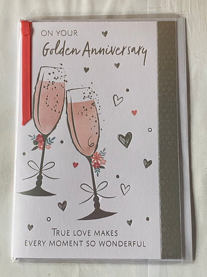 On Your Golden Anniversary 50th Wedding Anniversary Card Pink Champagne Flutes/Hearts/Words Ribbon/Foil Detail(PRELUDE49768)