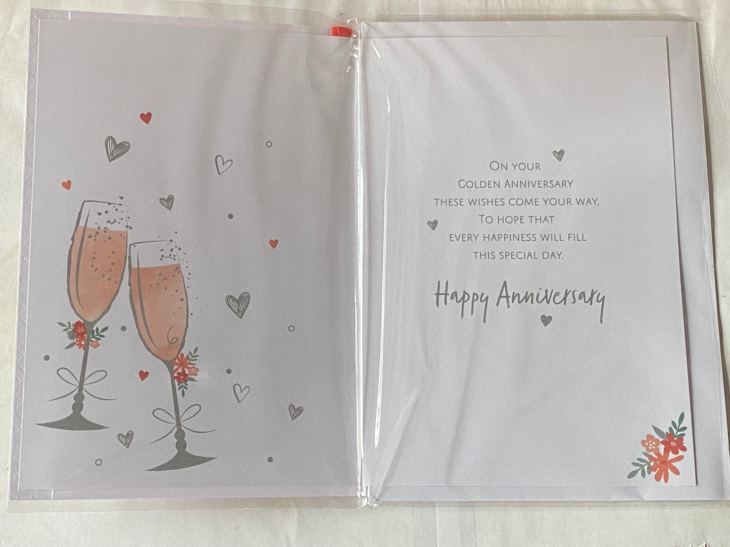 On Your Golden Anniversary 50th Wedding Anniversary Card Pink Champagne Flutes/Hearts/Words Ribbon/Foil Detail(PRELUDE49768)