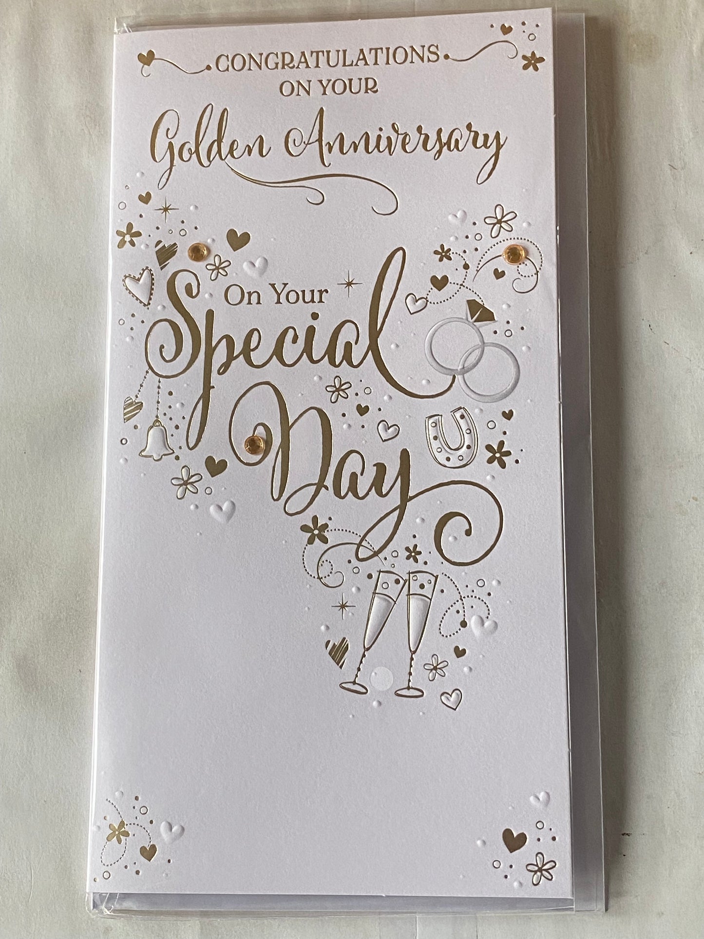 Congratulations On Your Golden Anniversary On Your Special Day 50th Wedding Anniversary Card White/Gold Words Gems/Foil Detail(PRELUDE49775)