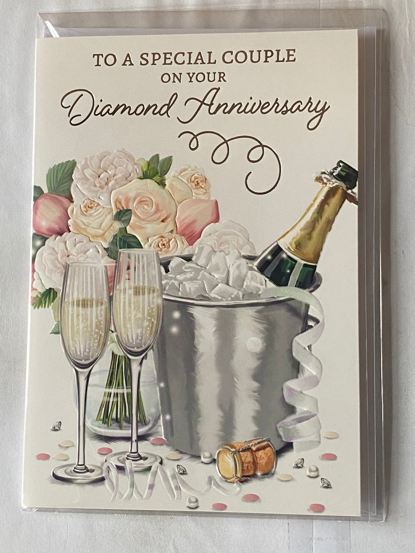 To A Special Couple On Your Diamond Anniversary 60th Wedding Anniversary Card Champagne/Flutes/Ice Bucket/Flowers Foil Detail(NC-VA246A)