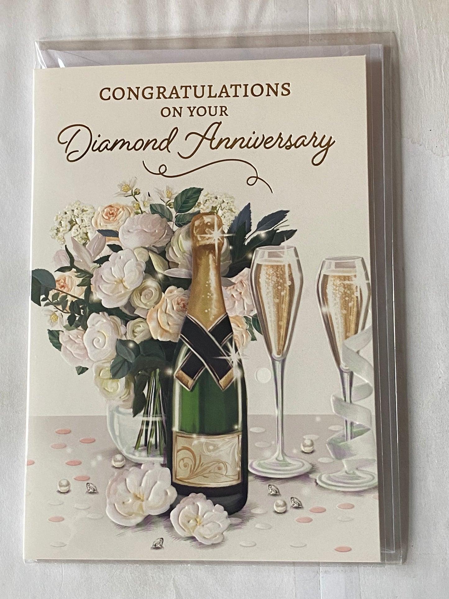 Congratulations On Your Diamond Anniversary 60th Wedding Anniversary Card Champagne/Flutes/Flowers Foil Detail(NC-VA246E)