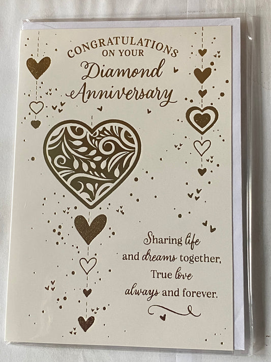 Congratulations On Your Diamond Anniversary 60th Wedding Anniversary Card White/Gold Hearts/Words Foil Detail(PH49495A)