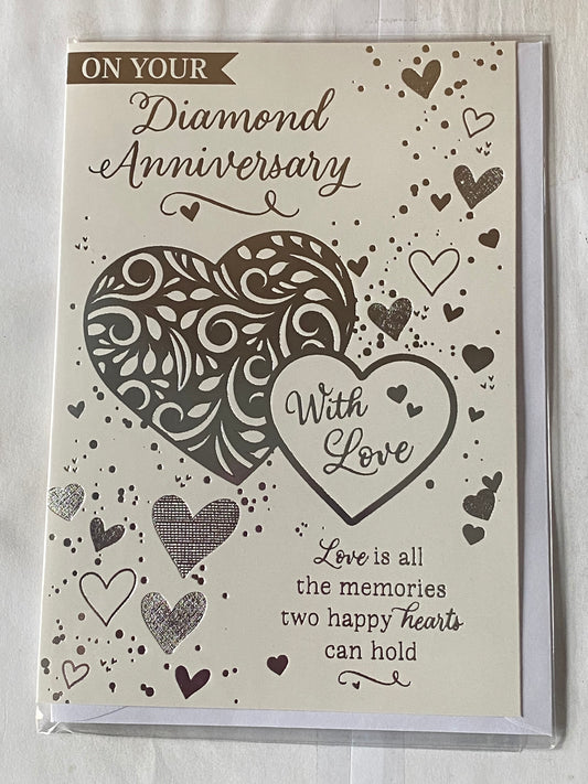 On Your Diamond Anniversary With Love 60th Wedding Anniversary Card White/Silver Hearts/Words Foil Detail(PH49495E)